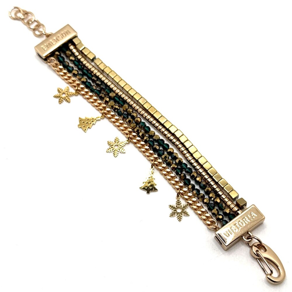 Victoria Emerson Multi Strand Bracelet Green Bead Christmas Tree Star Charms 7.5